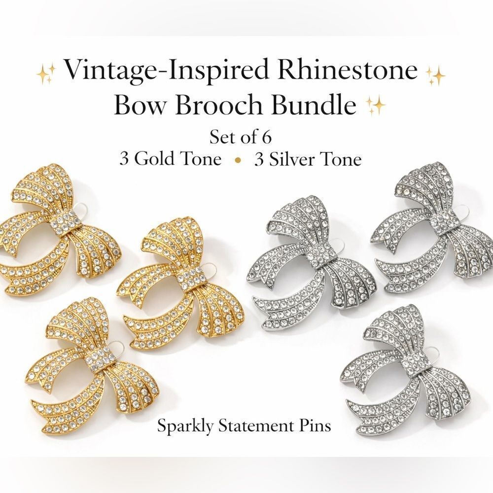 Set of 6 Rhinestone Bow Brooch Pins Gold & Silver Tone Vintage Style. New/Sealed